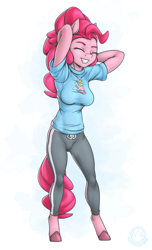 Size: 2231x3675 | Tagged: safe, artist:mysticalpha, pinkie pie, earth pony, anthro, unguligrade anthro, g4, arm behind head, breasts, busty pinkie pie, clothes, eyes closed, female, grin, shirt, smiling, solo, tracksuit