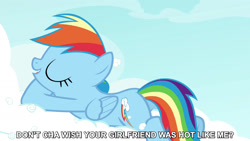 Size: 1280x720 | Tagged: safe, edit, edited screencap, editor:jaredking779, screencap, rainbow dash, pegasus, pony, g4, season 4, testing testing 1-2-3, butt, caption, cloud, don't cha, eyes closed, female, folded wings, mare, open mouth, plot, solo, song reference, text, the pussycat dolls, wings