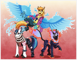 Size: 2450x1900 | Tagged: safe, artist:inuhoshi-to-darkpen, autumn blaze, braeburn, shining armor, earth pony, kirin, nirik, phoenix, pony, unicorn, g4, abstract background, charlotte katakuri, clothes, commission, crossover, female, fire, glasses, gradient background, horn, king the wildfire, male, marco the phoenix, mare, one piece, partial transformation, raised hoof, stallion, trio