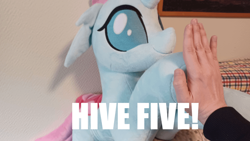 Size: 640x360 | Tagged: safe, artist:melodis, ocellus, changedling, changeling, human, g4, cute, diaocelles, female, floppy ears, hand, high five, hnnng, irl, irl human, photo, picture frame, plushie, pun