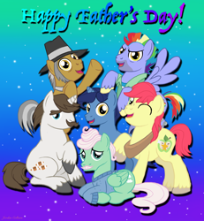 Size: 2358x2550 | Tagged: safe, artist:jac59col, bow hothoof, bright mac, gentle breeze, hondo flanks, igneous rock pie, night light, earth pony, pegasus, pony, unicorn, g4, clothes, dad six, father, father's day, gradient background, hat, horn, male, mane six opening poses, stallion, unshorn fetlocks