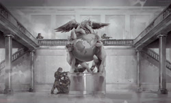 Size: 4971x3000 | Tagged: safe, artist:littlepolly, human, pony, globe, grayscale, monochrome, pony on earth, statue