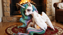 Size: 2560x1440 | Tagged: safe, ai assisted, ai content, artist:dovakkins, princess celestia, alicorn, pony, g4, carpet, couch, cute, cutelestia, ear fluff, female, fire, fireplace, folded wings, living room, looking at you, mare, missing accessory, photorealistic, raised hoof, shy, sitting, smiling, smiling at you, solo, tail, watermark, wavy mane, wavy tail, wings