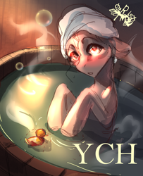 Size: 1748x2150 | Tagged: safe, artist:charlot, oc, oc only, pony, any gender, any race, any species, auction, auction open, bath, bathing, bathroom, blushing, commission, looking at you, sketch, solo, steam, towel, towel on head, water, ych sketch, your character here