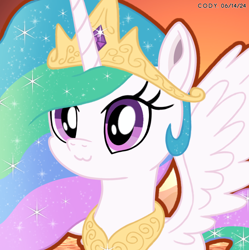 Size: 1980x1986 | Tagged: safe, artist:codenamekid, princess celestia, alicorn, pony, g4, :3, crown, cute, cutelestia, female, gem, gradient background, horn, jewelry, looking at you, mare, outdoors, regalia, shading, solo, sparkles, spread wings, sunset, wings