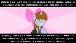 Size: 1280x720 | Tagged: safe, artist:snowflake_pone, oc, oc only, oc:littlepip, unicorn, fallout equestria, bow, clothes, cute, female, grin, hair bow, happy, horn, joke, jumpsuit, mare, ocbetes, pink bow, pip buck, pipabetes, smiling, solo, sunburst background, text, vault suit