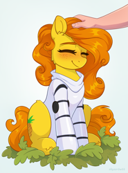 Size: 1855x2511 | Tagged: safe, artist:skysorbett, oc, oc only, oc:anna pine, earth pony, pony, blushing, clothes, curly mane, eyes closed, freckles, gradient background, hand, haydee, head pat, hoodie, not carrot top, not golden harvest, orange mane, pat, patting, pineapple, sitting, smiling, solo, yellow coat