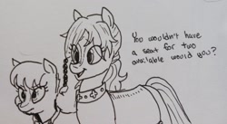 Size: 2048x1126 | Tagged: safe, artist:pony quarantine, earth pony, pony, duo, duo female, eye clipping through hair, female, grayscale, mare, monochrome, open mouth, open smile, pen drawing, ponified, ponified horse, sergeant reckless, smiling, traditional art, wadduda, warpone