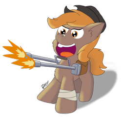 Size: 1829x1755 | Tagged: safe, artist:zeccy, oc, oc only, oc:calamity, pony, fallout equestria, atg 2024, gun, muzzle flash, newbie artist training grounds, simple background, solo, transparent background, weapon