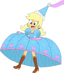 Size: 1280x1446 | Tagged: safe, artist:rarity525, applejack, human, g4, boots, braid, clothes, dress, ear piercing, falling, female, flying, formal wear, froufrou glittery lacy outfit, gloves, gown, hat, hennin, humanized, jewelry, long gloves, necklace, parachute, paraskirt, piercing, princess, princess applejack, screaming, shoes, simple background, skirt, solo, tied hair, transparent background