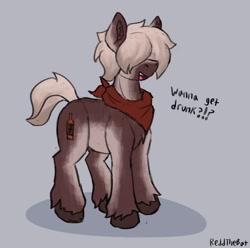 Size: 1548x1533 | Tagged: safe, artist:reddthebat, oc, oc only, oc:number seven, earth pony, pony, bandana, coat markings, dialogue, gray background, hair over eyes, male, open mouth, open smile, simple background, smiling, solo, stallion, unshorn fetlocks
