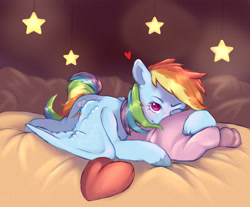 Size: 3500x2900 | Tagged: safe, artist:sshakess, rainbow dash, pegasus, pony, g4, cute, dashabetes, female, floating heart, heart, heart pillow, high res, hug, looking at you, lying down, mare, one eye closed, partially open wings, pillow, pillow hug, prone, smiling, smiling at you, solo, stars, wings