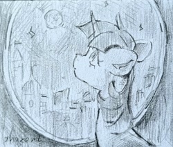 Size: 2048x1740 | Tagged: safe, artist:laymy, twilight sparkle, pony, unicorn, g4, bust, ears back, female, floppy ears, full moon, grayscale, looking up, mare, monochrome, moon, night, pencil drawing, solo, traditional art, unicorn twilight, window