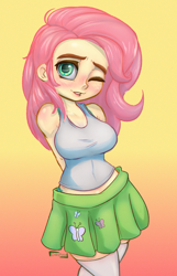 Size: 1200x1864 | Tagged: safe, artist:inkypuso, fluttershy, human, equestria girls, g4, adorasexy, big breasts, blushing, blushing profusely, breasts, busty fluttershy, clothes, cute, female, gradient background, humanized, looking at you, midriff, miniskirt, one eye closed, sexy, shyabetes, skirt, smiling, smiling at you, solo, stockings, tank top, thigh highs, thigh socks, wink, winking at you, zettai ryouiki