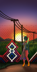 Size: 3616x7016 | Tagged: safe, artist:tenenbris, oc, oc only, oc:sweet release, anthro, unguligrade anthro, anthro oc, apron, barbed wire, boots, chain link fence, clothes, female, fence, field, gas mask, graffiti, green mane, mare, mask, red coat, shoes, solo, sunset, telephone pole