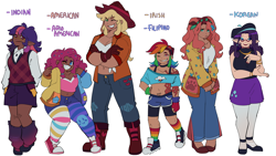 Size: 3840x2160 | Tagged: safe, artist:channydraws, applejack, fluttershy, pinkie pie, rainbow dash, rarity, twilight sparkle, human, g4, belly button, boots, breasts, cleavage, clothes, compression shorts, dark skin, denim, denim shorts, diverse body types, elf ears, female, fingerless gloves, glasses, gloves, goggles, goggles on head, grin, height difference, humanized, jeans, light skin, looking at you, mane six, midriff, moderate dark skin, nationality, one eye closed, pants, rainbow socks, shoes, shorts, simple background, skirt, smiling, sneakers, socks, stockings, striped socks, sweater vest, tan skin, thigh highs, white background, wink, winking at you
