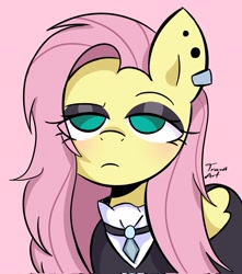 Size: 1814x2048 | Tagged: safe, artist:eltrash_art6, fluttershy, pegasus, pony, g4, alternate hairstyle, clothes, cute, dress, ear piercing, earring, eyeshadow, female, fluttergoth, jewelry, makeup, mare, piercing, pink background, shyabetes, simple background, solo, unamused