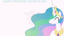 Size: 1920x1080 | Tagged: safe, artist:90sigma, edit, editor:jaredking779, princess celestia, alicorn, pony, g4, celestia day, crown, ethereal mane, eyes closed, female, jewelry, mare, peytral, regalia, simple background, smiling, solo, white background