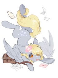 Size: 1500x2000 | Tagged: safe, artist:aniimoni, derpy hooves, pegasus, pony, g4, bag, crying, derpy being derpy, digital art, emanata, female, gray coat, letter, mailmare, mare, postcard, simple background, spread wings, white background, wings, yellow eyes, yellow mane