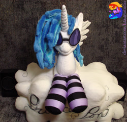 Size: 2394x2304 | Tagged: safe, artist:1stastrastudio, dj pon-3, vinyl scratch, alicorn, pony, g4, alicornified, clothes, cloud, irl, photo, plushie, race swap, socks, solo, striped socks, vinyl's glasses, vinylcorn