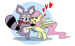 Size: 870x539 | Tagged: safe, artist:raynheartz, fluttershy, g4, cute, hug, indigo park (video game), rambley raccoon, simple background