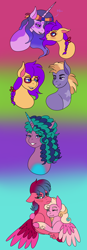 Size: 1600x4600 | Tagged: safe, artist:bluefinarts, hitch trailblazer, izzy moonbow, misty brightdawn, pipp petals, sunny starscout, zipp storm, earth pony, pegasus, pony, unicorn, g5, beauty mark, blushing, braid, concept design, embarrassed, eyes closed, female, flirting, floppy ears, freckles, gradient background, headband, horn, hug, lesbian, looking at each other, looking at someone, looking away, male, mane five, mane six (g5), mare, open mouth, open smile, royal sisters (g5), ship:moonscout, shipping, sibling love, siblings, sisters, smiling, smirk, stallion, unshorn fetlocks, wings