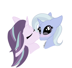 Size: 3313x3128 | Tagged: safe, artist:tkshoelace, starlight glimmer, trixie, pony, unicorn, g4, blushing, cheek kiss, duo, duo female, eyes closed, female, floppy ears, horn, horns, kissing, lesbian, ship:startrix, shipping, simple background, white background