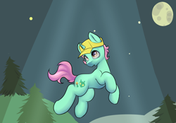 Size: 3598x2500 | Tagged: safe, artist:dumbwoofer, emerald saucer, pony, unicorn, g5, abduction, alien abduction, hat, horn, levitation, looking up, magic, moon, night, solo, stars, telekinesis, tree