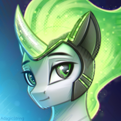 Size: 2000x2000 | Tagged: safe, artist:adagiostring, oc, oc only, pony, bust, headshot commission, helmet, horn, light skin, looking at you, magic, male, male oc, plastic, portrait, prosthetic eye, prosthetics, solo