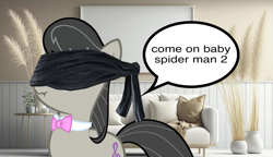 Size: 1699x980 | Tagged: safe, artist:epicheavytf2, artist:necromanteion, artist:pyrogaming, edit, octavia melody, earth pony, pony, g4, absolutenutcase162, blindfold, bowtie, female, living room, looking at you, mare, meme, octavia's bowtie, real life background, shitposting, speech bubble, thinking