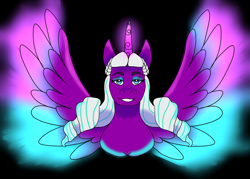 Size: 2100x1500 | Tagged: safe, artist:bluefinarts, opaline arcana, alicorn, fire alicorn, pony, g5, black background, female, glowing, glowing horn, horn, looking at you, mare, simple background, solo, spread wings, wings