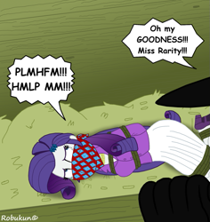 Size: 701x744 | Tagged: safe, artist:robukun, rarity, spike, human, equestria girls, g4, abuse, bondage, cloth gag, duo, duo male and female, female, femsub, gag, male, offscreen character, over the nose gag, pulp hero, raribuse, rarisub, submissive, the shadow, tied up