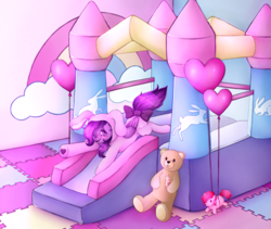 Size: 4186x3530 | Tagged: safe, artist:kirari_chan, pinkie pie, oc, oc only, oc:emilia starsong, pegasus, pony, rabbit, g4, advertisement, animal, animal costume, balloon, bottle, bouncy castle, bow, bunny costume, castle, clothes, commission, commission info, complex background, costume, cute, female, filly, foal, folded wings, full body, fully shaded, happy, heart, heart balloon, hoof heart, implied diaper, kigurumi, looking at you, onesie, palindrome get, pegasus oc, pink background, pinkie pie plushie, plushie, puzzle, rainbow, smiling, teddy bear, wings