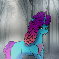 Size: 800x800 | Tagged: safe, artist:bluefinarts, misty brightdawn, pony, unicorn, g5, my little pony: make your mark, my little pony: make your mark chapter 5, 2023, female, fog, forest, forest background, freckles, horn, mare, mist, nature, outdoors, rebirth misty, scared, solo, tail, tree