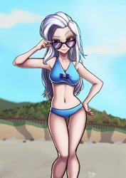 Size: 706x1000 | Tagged: safe, artist:the-park, trixie, human, equestria girls, equestria girls specials, g4, my little pony equestria girls: better together, my little pony equestria girls: forgotten friendship, adorasexy, beach, beach babe, beach shorts swimsuit, belly button, bikini, breasts, busty trixie, cleavage, clothes, cloud, cute, eyebrows, female, forest, human coloration, looking at you, midriff, nature, raised eyebrow, reasonably sized breasts, sexy, sky, smiling, solo, sunglasses, swimsuit, tree, trixie's beach shorts swimsuit