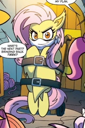 Size: 469x704 | Tagged: safe, idw, fluttershy, bat pony, pony, g4, bat ponified, cloth gag, comic, flutterbat, gag, hannibal lecter, race swap