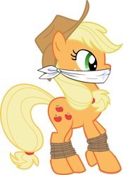 Size: 786x1125 | Tagged: safe, edit, applejack, earth pony, pony, g4, 1000 years in photoshop, cloth gag, gag, kidnapped, simple background, solo, white background