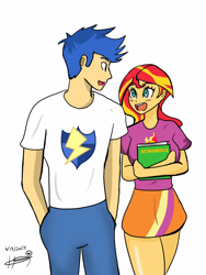 Size: 1200x1600 | Tagged: safe, artist:helsaabi, flash sentry, sunset shimmer, equestria girls, g4, book, clothes, duo, duo male and female, female, looking at each other, looking at someone, male, open mouth, pants, ship:flashimmer, shipping, shirt, simple background, skirt, straight, white background