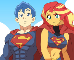 Size: 1280x1035 | Tagged: safe, artist:lirudraw, flash sentry, sunset shimmer, equestria girls, g4, belly button, clothes, cosplay, costume, crossover, dc comics, female, male, midriff, my adventures with superman, ship:flashimmer, shipping, straight, supergirl, superman