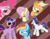 Size: 2079x1605 | Tagged: safe, artist:doodledonutart, applejack, fluttershy, pinkie pie, rainbow dash, rarity, twilight sparkle, earth pony, pegasus, pony, unicorn, g4, abstract background, angry, atg 2024, chest fluff, cross-popping veins, emanata, eyes closed, female, frown, group, mane six, mare, newbie artist training grounds, open mouth, sextet, spit, unicorn twilight, wavy mouth