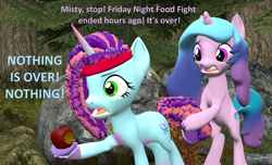 Size: 1774x1080 | Tagged: safe, artist:red4567, izzy moonbow, misty brightdawn, pony, unicorn, friday night food fight, g4, g5, my little pony: tell your tale, spoiler:g5, spoiler:my little pony: tell your tale, spoiler:tyts01e66, 3d, apple, atg 2024, coat markings, colored hooves, duo, duo female, fake cutie mark, female, food, forest, freckles, g5 to g4, generation leap, hooves, horn, mare, movie reference, nature, newbie artist training grounds, open mouth, pale belly, ptsd, pulling, rambo, rebirth misty, rotten apple, socks (coat markings), source filmmaker, tree, unshorn fetlocks, wavy mouth, wrong cutie mark