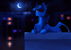 Size: 3508x2480 | Tagged: safe, artist:m_lik, oc, oc:bluethecake, unicorn, balcony, eyepatch, horn, leonine tail, moon, night, tail