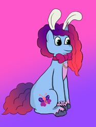 Size: 1620x2160 | Tagged: safe, artist:nedolbayeb, misty brightdawn, pony, unicorn, buried in a good book, g5, my little pony: tell your tale, spoiler:g5, spoiler:my little pony: tell your tale, spoiler:tyts02e10, bracelet, bunny ears, female, friendship bracelet, gradient background, horn, jewelry, mare, neck bow, rebirth misty, sitting, smiling, solo