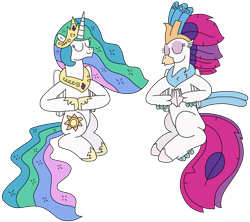 Size: 2380x2111 | Tagged: safe, artist:supahdonarudo, princess celestia, queen novo, alicorn, classical hippogriff, hippogriff, pony, g4, atg 2024, crown, duo, duo female, ethereal mane, eyes closed, eyeshadow, female, folded wings, gauntlet, jewelry, makeup, meditating, newbie artist training grounds, regalia, simple background, sitting, smiling, transparent background, wings