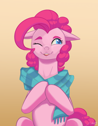 Size: 2500x3200 | Tagged: safe, artist:silverhopexiii, pinkie pie, earth pony, pony, g4, belly, clothes, colored pupils, female, floppy ears, gradient background, high res, mare, one eye closed, open mouth, open smile, scarf, sitting, smiling, solo, sternocleidomastoid, striped scarf, wink