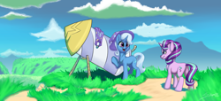 Size: 7000x3200 | Tagged: safe, artist:silverhopexiii, starlight glimmer, trixie, pony, unicorn, g4, absurd resolution, brooch, cape, clothes, cloud, duo, duo female, female, grass, hat, horn, jewelry, looking at each other, looking at someone, mare, mountain, open mouth, open smile, outdoors, raised hoof, rocket, scenery, signature, sky, smiling, smiling at each other, tail, this will not end well, toy interpretation, trixie's brooch, trixie's cape, trixie's hat, trixie's rocket