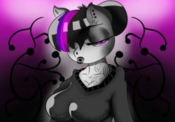 Size: 1000x700 | Tagged: safe, artist:chickenking9, oc, oc only, earth pony, anthro, breasts, cleavage, clothes, ear piercing, female, goth, gradient background, hair over one eye, lidded eyes, looking at you, piercing, pursed lips, solo, tattoo