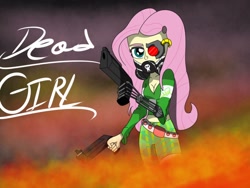 Size: 1600x1200 | Tagged: safe, artist:chickenking9, fluttershy, cyborg, human, equestria girls, g4, breasts, cleavage, clothes, cybernetic arm, gun, red eye, solo, weapon