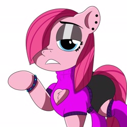 Size: 2048x2048 | Tagged: safe, artist:chickenking9, pinkie pie, earth pony, pony, g4, bracelet, chest fluff, clothes, ear piercing, eyeshadow, female, frown, goth, goth pinkie, hair over one eye, jewelry, lidded eyes, makeup, mare, open-chest sweater, piercing, pinkamena diane pie, raised hoof, shorts, simple background, solo, sweater, tail, white background