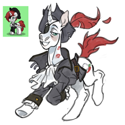 Size: 2160x2160 | Tagged: safe, artist:kapusha-blr, oc, oc only, pony, unicorn, pony town, clothes, curved horn, eyepatch, grin, hat, horn, jacket, kiss mark, lidded eyes, lipstick, looking at you, male, pirate, pirate hat, running, simple background, smiling, solo, stallion, white background